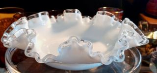 Vintage Fenton Milk Glass Silver Crest Candy Dish With Ruffled Edge 8 "