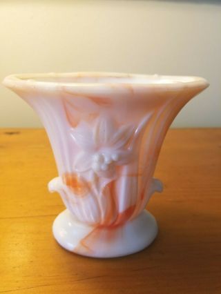 Vintage Akro Agate Glass Lily Vase Orange White Slag