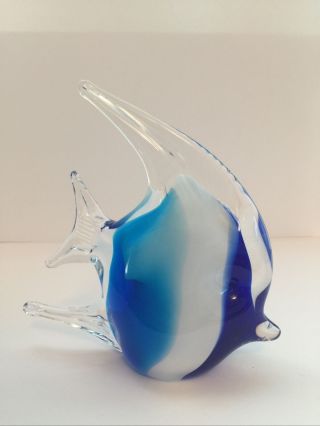 Art Glass Hand Blown Angel Fish White Blue Paperweight Art Deco