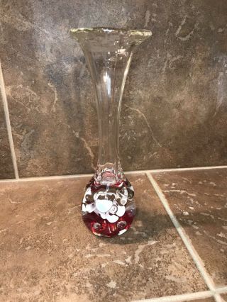 St Clair Art Glass Bud Vase White Trumpet Flower Paperweight Controlled Bubble 2
