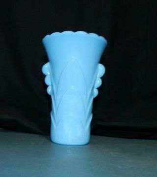 Blue Milk Glass Art Deco Style Vase W Arches & Tab Handles Scalloped Edge 5.  5 " C