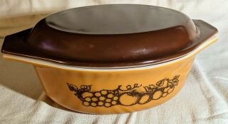 Vintage Pyrex Old Orchard 043 Oval Casserole Dish W/ Lid Tan Brown Fruit Pattern