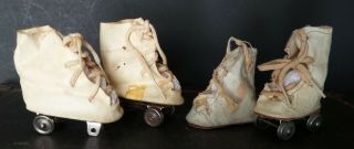 As Found 2 Pairs Antique Oil Cloth Roller Skate Doll Shoes For Composition Doll