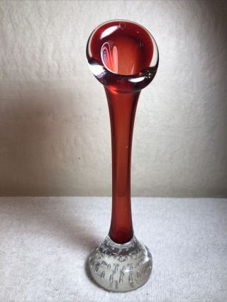 Vintage Murano Bullicante Art Glass Controlled Bubble Ruby Trumpet Bud Vase 7.  5 "