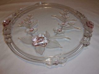 Mikasa Crystal Toska Blossom Time Cake Plate 14 1/2 " W/ Frosted & Pink Flowers