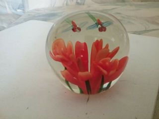 Lovely Vintage Art Glass Ball Paperweight - Orange Orchids W Dragonflies 2.  5 "