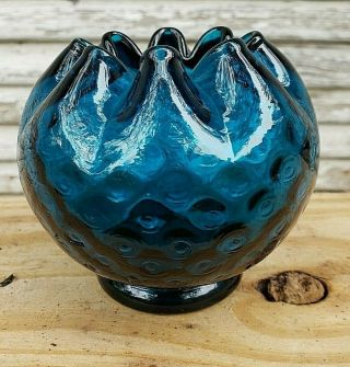 Fenton Art Glass Teal Overlay Fine Dot Optic Rose Bowl Vase