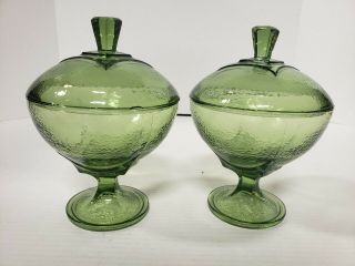 Vintage Green Pedestal Candy Dish W Lid Art Deco Set Of 2 Glass