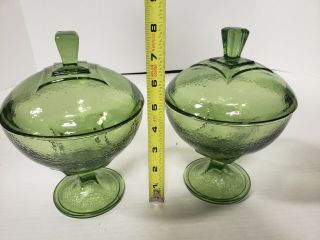 Vintage GREEN pedestal candy dish W LID Art DECO Set of 2 glass 2