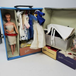 Vintage 1963 Barbie Carrying Case Trunk By Mattel With Doll And Clothes 13x10x7