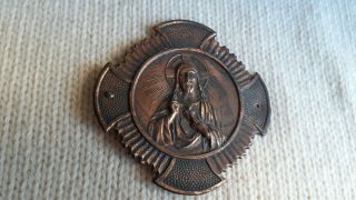 Antique Old Plate In Metal Brass Recorded Sacred Heart Of Jesus