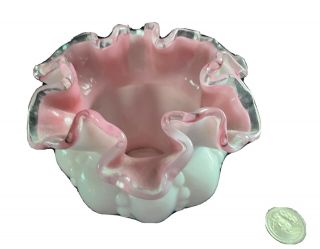 Vintage Fenton Milk & Pink Encased Art Glass Melon Vase.  Rare.  C1960