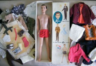 Vintage Flocked Hair Ken Doll W/original Box Clothes & Nos Fashion Accessories