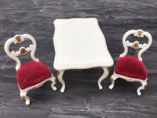 Lundby Dolls House White Plastic Table & 2 Red Velvet Chairs - 1990s/2000s