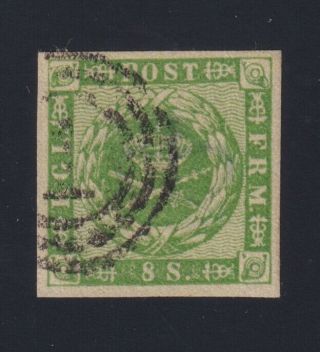 Denmark Sc 8 (1858) 8s Green Royal Emblems " 1 " Copenhagen Numeral Cancel