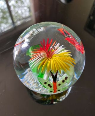 Art Glass Paperweight With Butterflies And Spikey Flower 3 " Tall