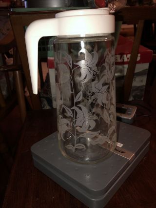 Vintage Anchor Hocking Tang Glass Pitcher Etched White Lillies 1 Qt Juice Carafe