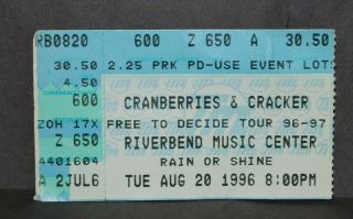 1996 The Cranberries & Cracker Concert Ticket Stub.  Riverbend Cincinnati Ohio