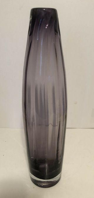 Tall Purple Glass Bud Vase 13.  5” Clear Base Vertical Ribbed Design