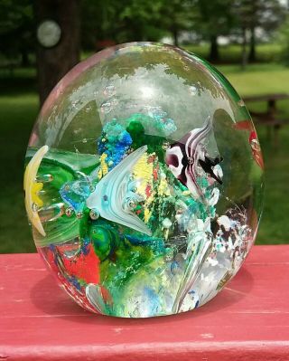 Art Glass Coral Reef Paperweight With Angel Fish