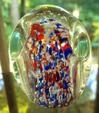 Gentile Glass Paperweight Bud Vase - Star City,  WV - Bubbles,  Red,  White & Blue 3