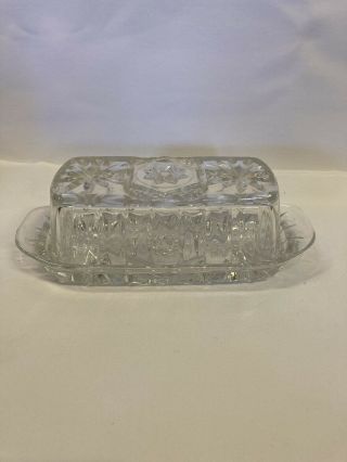 Vintage Clear Cut Glass Covered Butter Dish Etched Star Burst Lid And Base 73/8 "