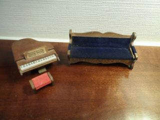Vintage Doll House Velvet Sofa,  & Piano With Piano Bench