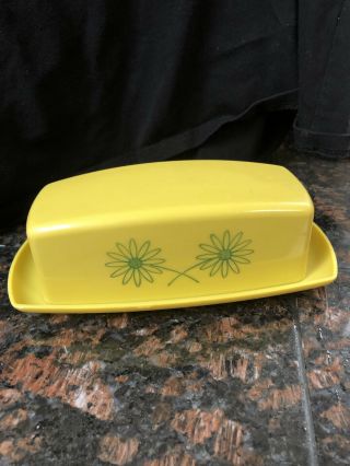 Butter Dish Plastic Vintage Yellow Green Daisies Harvest Gold 1970’s