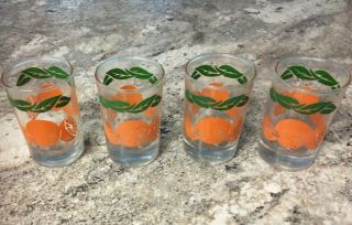 4 Vintage Mid - Century Anchor Hocking Orange Juice Glasses.  Vivid Colors