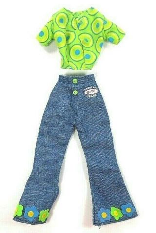 Barbie Vtg Jeans Fashions Bell Bottoms W/flowers & Blue/green Htf Top