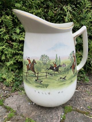 Antique Minton Equestrian Fox Hunting Tally Ho Water Pitcher Transfer Pottery