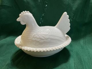 Vintage Indiana Milk Glass Hen On Nest Candy Dish With Lid