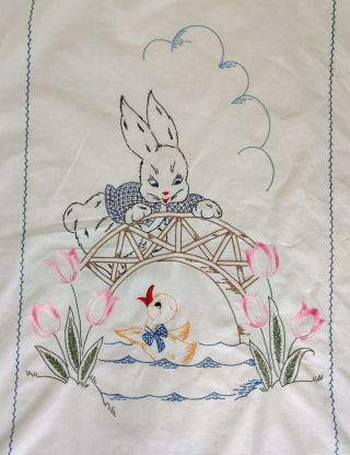 Vintage Hand Embroidered Childs Baby Bed Coverlet Bunny Duck Pink Tulips Antique