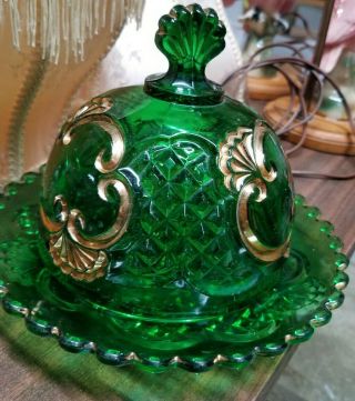 Viking “dalzell Pattern” Vintage Emerald Green Covered Butter/cheese Dish