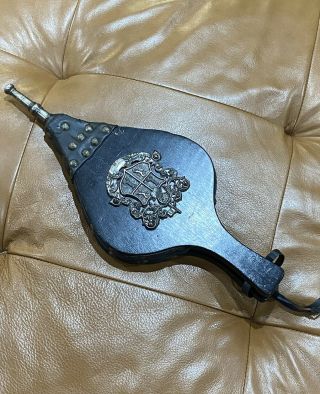 Vintage Fireplace Bellows Black Wood Leather Coat Of Arms