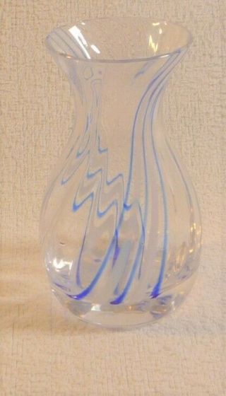 Scottish Caithness Posy Vase With Blue & White Swirl Design.  4 1/2 Ins 12cm High