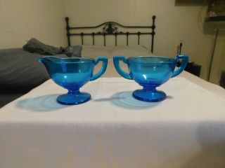Vintage Cobalt Blue Creamer And Sugar Trophy Style Handles Very Pretty