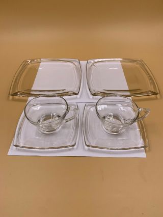 Vintage Set Of 2 Luncheon Plates With Cups & Saucers - Clear Glass - Square