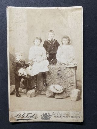 Victorian Photo: Cabinet Card: Children All Named Perdue,  Toys Boat Skipping