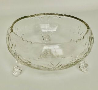 Vintage Depression Glass 3 - Footed Bowl Candy Nut Dish Scallop Edge Etched Deco