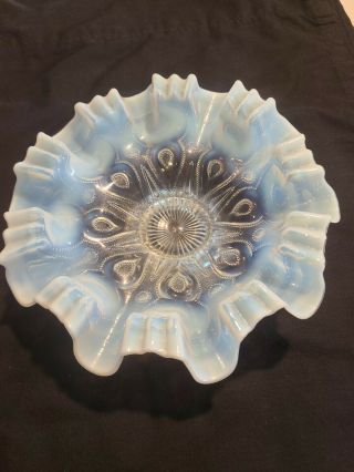 Antique Ruffled Glass Bowl,  Clear And White Opalescent W/ Pressed Design 9 1/2 “