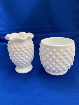 Vintage Fenton Hobnail White Milk Glass Small Ruffled Edge Vase & Jam Pot