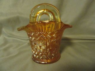 Vintage Dugan Marigold Carnival Glass Basket - Weave Beaded DBL Handled Basket 2