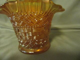 Vintage Dugan Marigold Carnival Glass Basket - Weave Beaded DBL Handled Basket 3