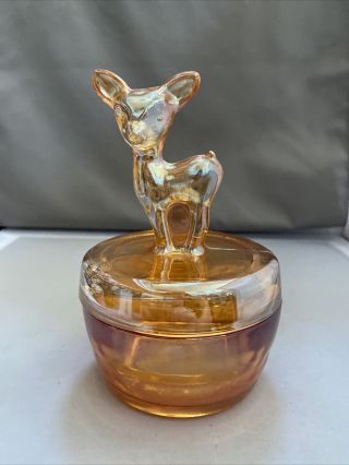 Vintage Jeanette Peach Lusterware Glass Deer Fawn Lidded Dish 6” Tall
