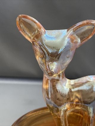 Vintage Jeanette Peach Lusterware Glass Deer Fawn Lidded Dish 6” Tall 2