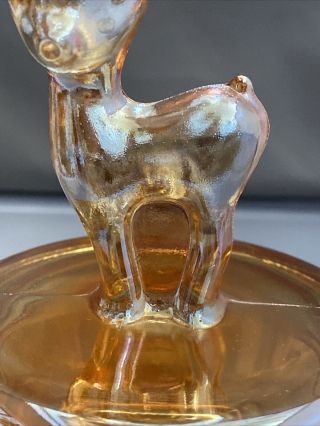 Vintage Jeanette Peach Lusterware Glass Deer Fawn Lidded Dish 6” Tall 3