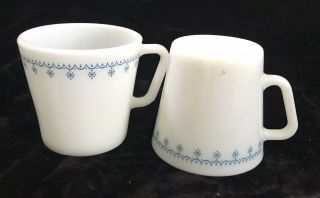 Two Vintage Pyrex 1410 D - Handle Mugs,  Snowflake Garland Blue On Milk Glass