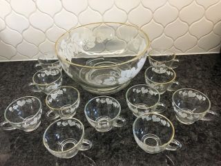 Vintage 1960’s Glass Punch Bowl With 11 Cups And Stand.  Leaf Pattern.
