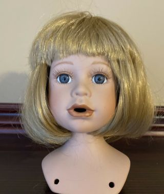 Vtg Porcelain Swivel Doll Head 5” Blonde Blue Eyes Parts 16” Doll Open Mouth